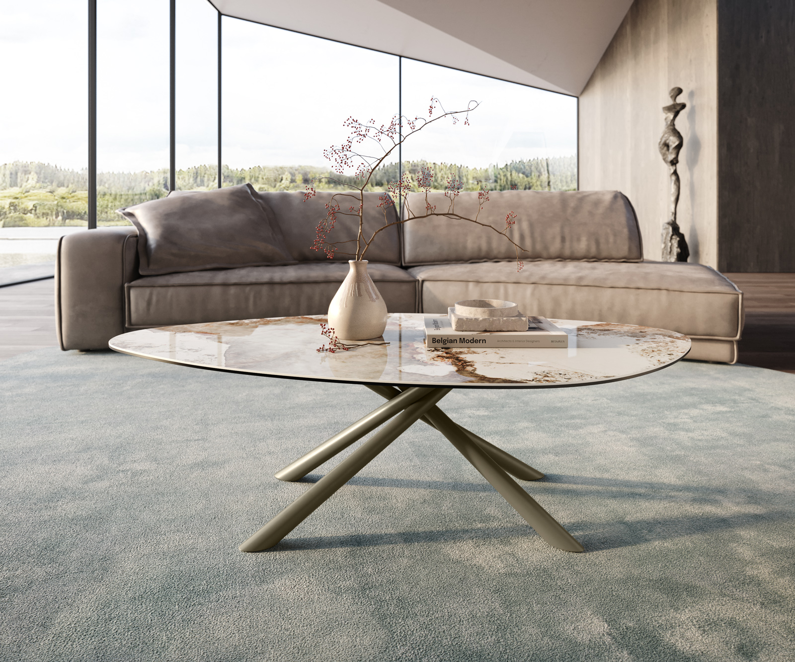 Dohányzóasztal Edge organikus 140x76 cm kerámia Minas melange Sarity fém titán színű effektfinish