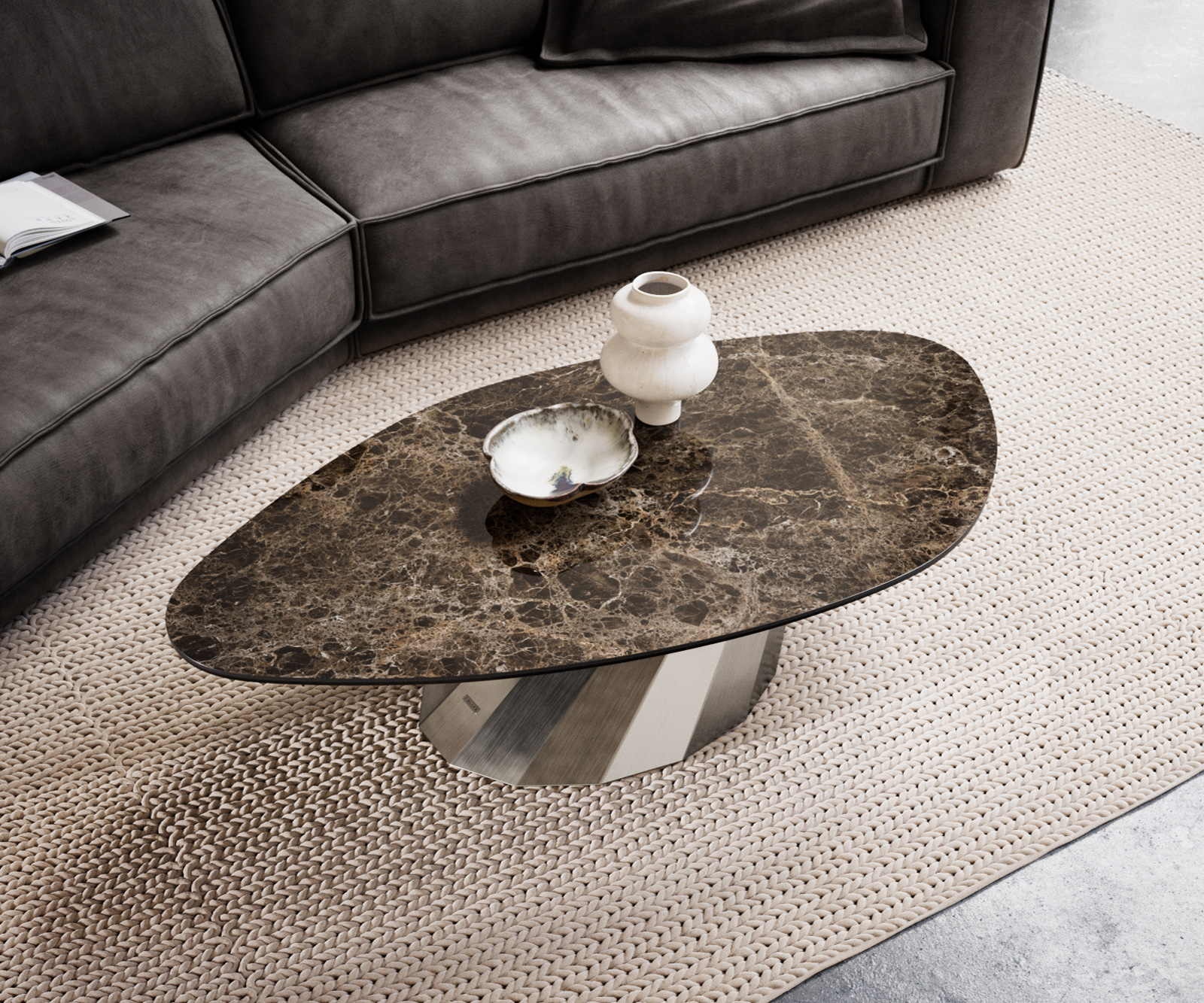 Dohányzóasztal Edge organikus 140x76 cm Laminam® Emperador kerámia extra polírozott sötétbarna Parabi rozsdamentes acél szálcsiszolt - Image 4