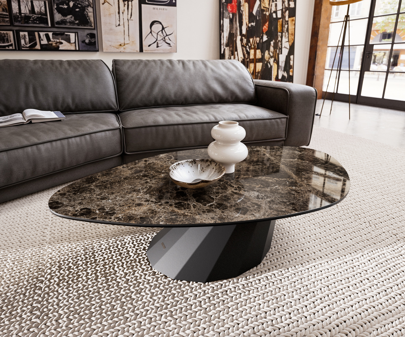 Dohányzóasztal Edge organikus 140x76 cm Laminam® Emperador kerámia extra fényes sötétbarna Parabi fém fekete - Image 2