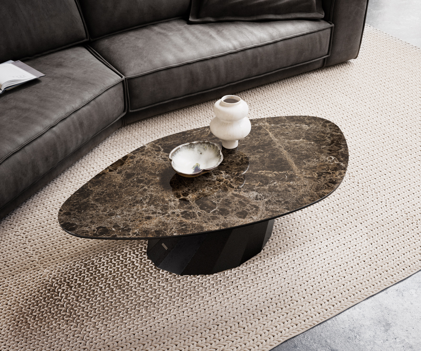 Dohányzóasztal Edge organikus 140x76 cm Laminam® Emperador kerámia extra fényes sötétbarna Parabi fém fekete - Image 4