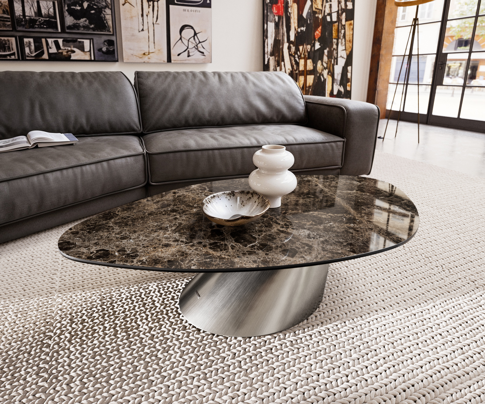 Dohányzóasztal Edge organikus 140x76 cm Laminam® Emperador kerámia extra polírozott sötétbarna Conis rozsdamentes acél szálcsiszolt - Image 2