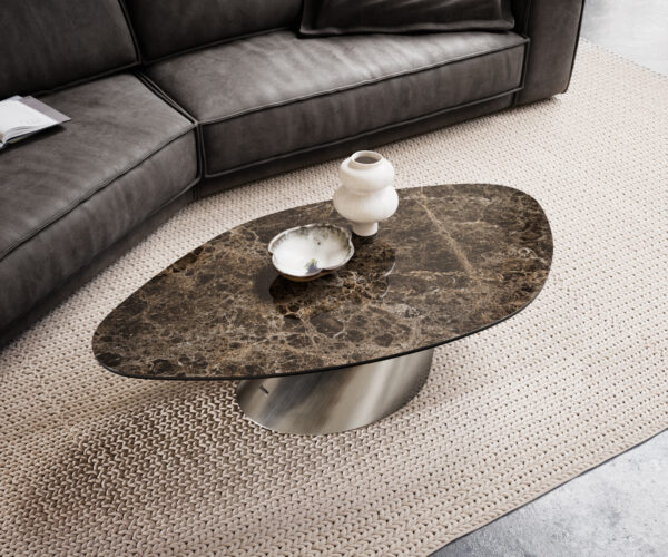 Dohányzóasztal Edge organikus 140x76 cm Laminam® Emperador kerámia extra polírozott sötétbarna Conis rozsdamentes acél szálcsiszolt - Image 4