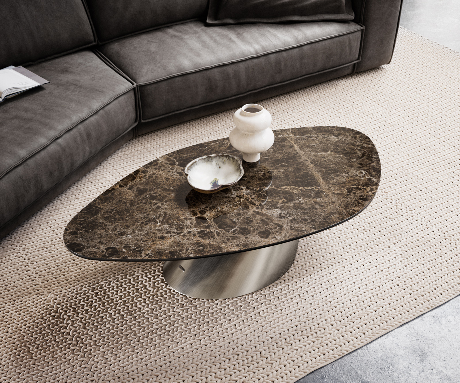 Dohányzóasztal Edge organikus 140x76 cm Laminam® Emperador kerámia extra polírozott sötétbarna Conis rozsdamentes acél szálcsiszolt - Image 4