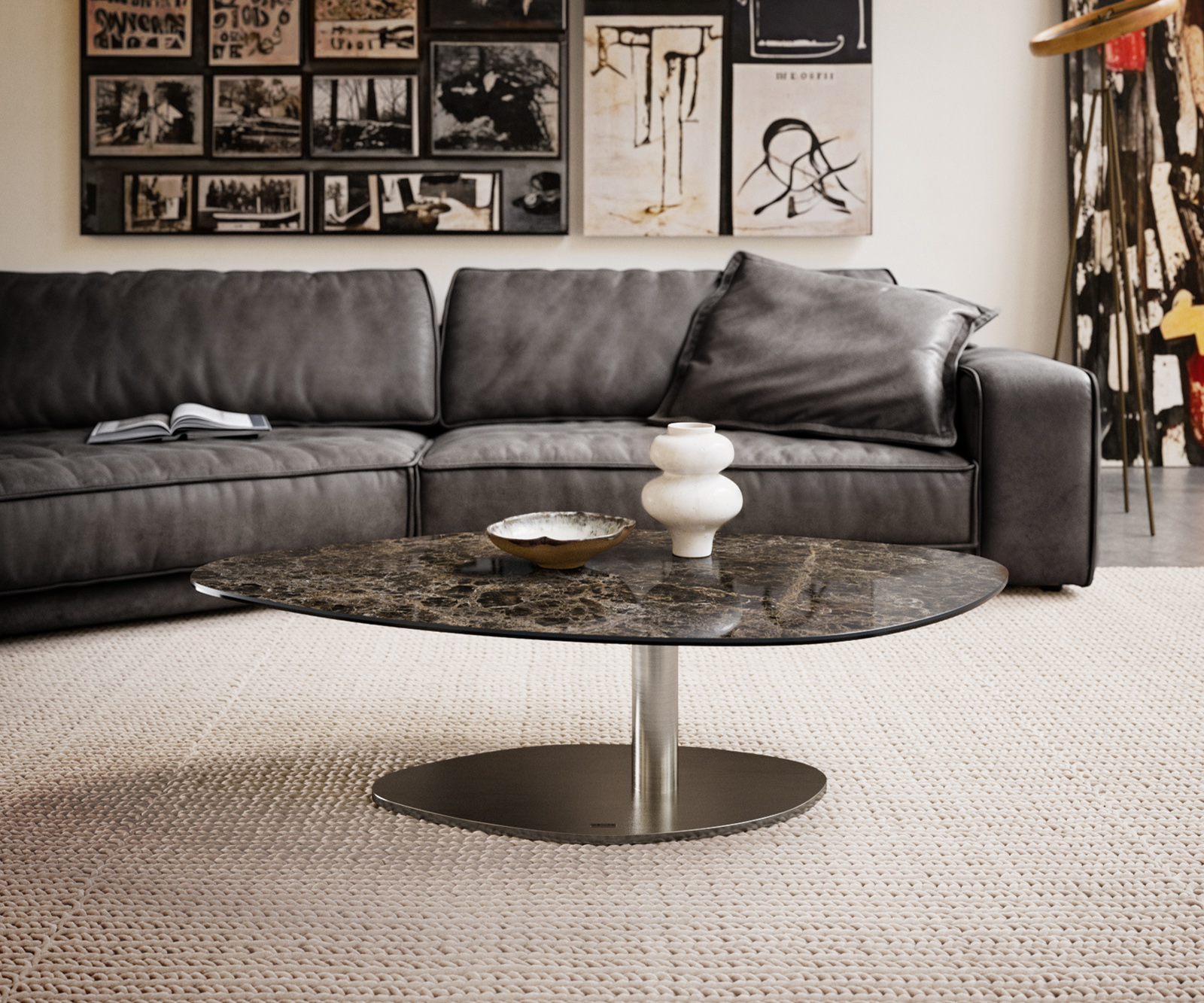 Dohányzóasztal Edge organikus 140x76 cm Laminam® Emperador kerámia extra polírozott sötétbarna Vibany rozsdamentes acél szálcsiszolt