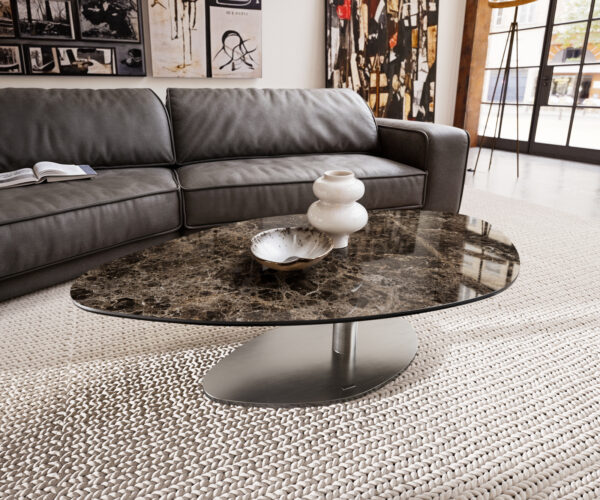 Dohányzóasztal Edge organikus 140x76 cm Laminam® Emperador kerámia extra polírozott sötétbarna Vibany rozsdamentes acél szálcsiszolt - Image 2