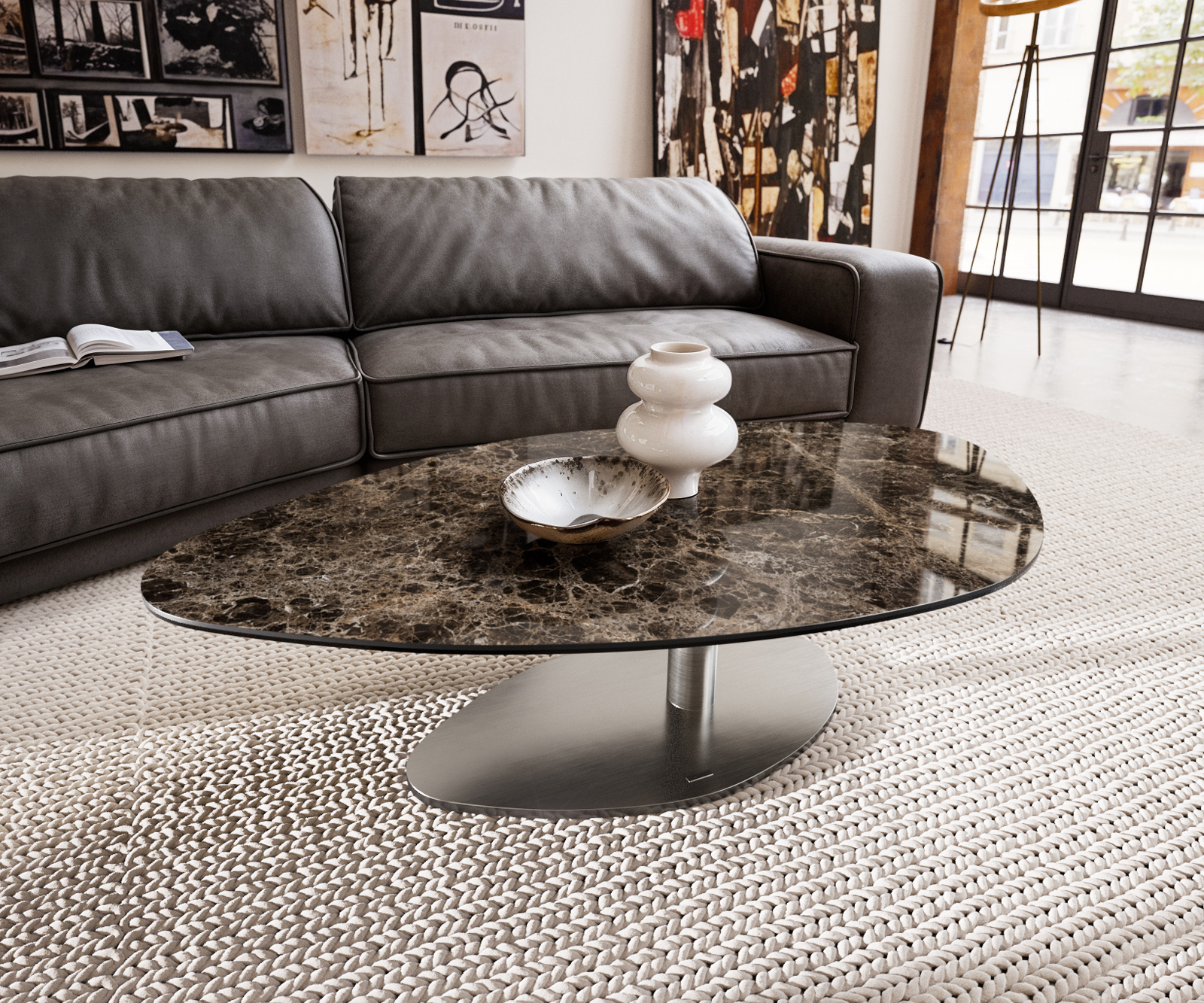 Dohányzóasztal Edge organikus 140x76 cm Laminam® Emperador kerámia extra polírozott sötétbarna Vibany rozsdamentes acél szálcsiszolt - Image 2