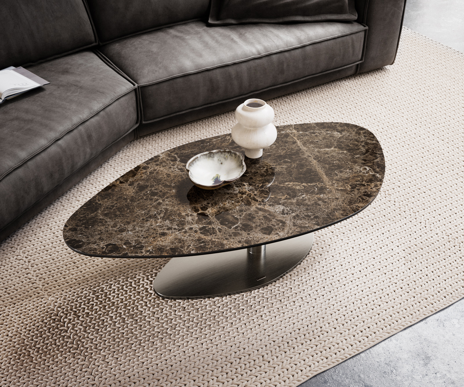 Dohányzóasztal Edge organikus 140x76 cm Laminam® Emperador kerámia extra polírozott sötétbarna Vibany rozsdamentes acél szálcsiszolt - Image 4