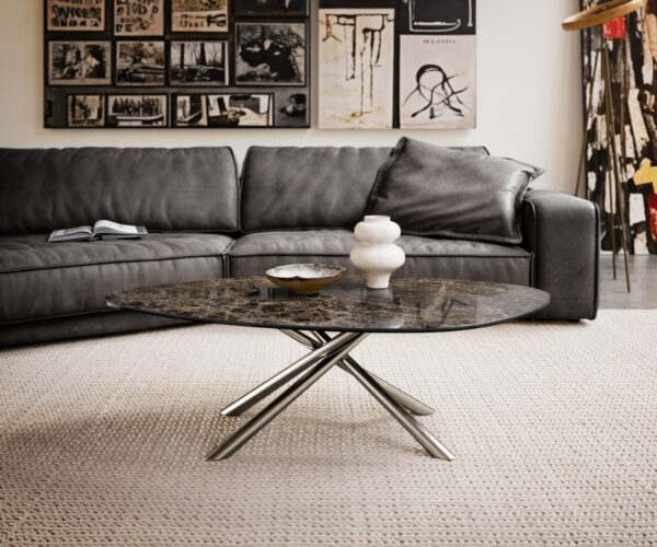 Dohányzóasztal Edge organikus 140x76 cm Laminam® Emperador kerámia extra polírozott sötétbarna Sarity rozsdamentes acél szálcsiszolt - Image 2