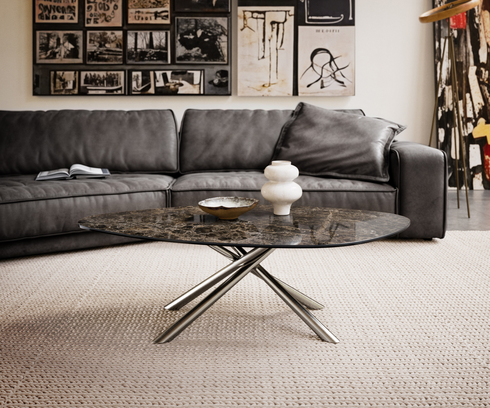 Dohányzóasztal Edge organikus 140x76 cm Laminam® Emperador kerámia extra polírozott sötétbarna Sarity rozsdamentes acél szálcsiszolt - Image 2