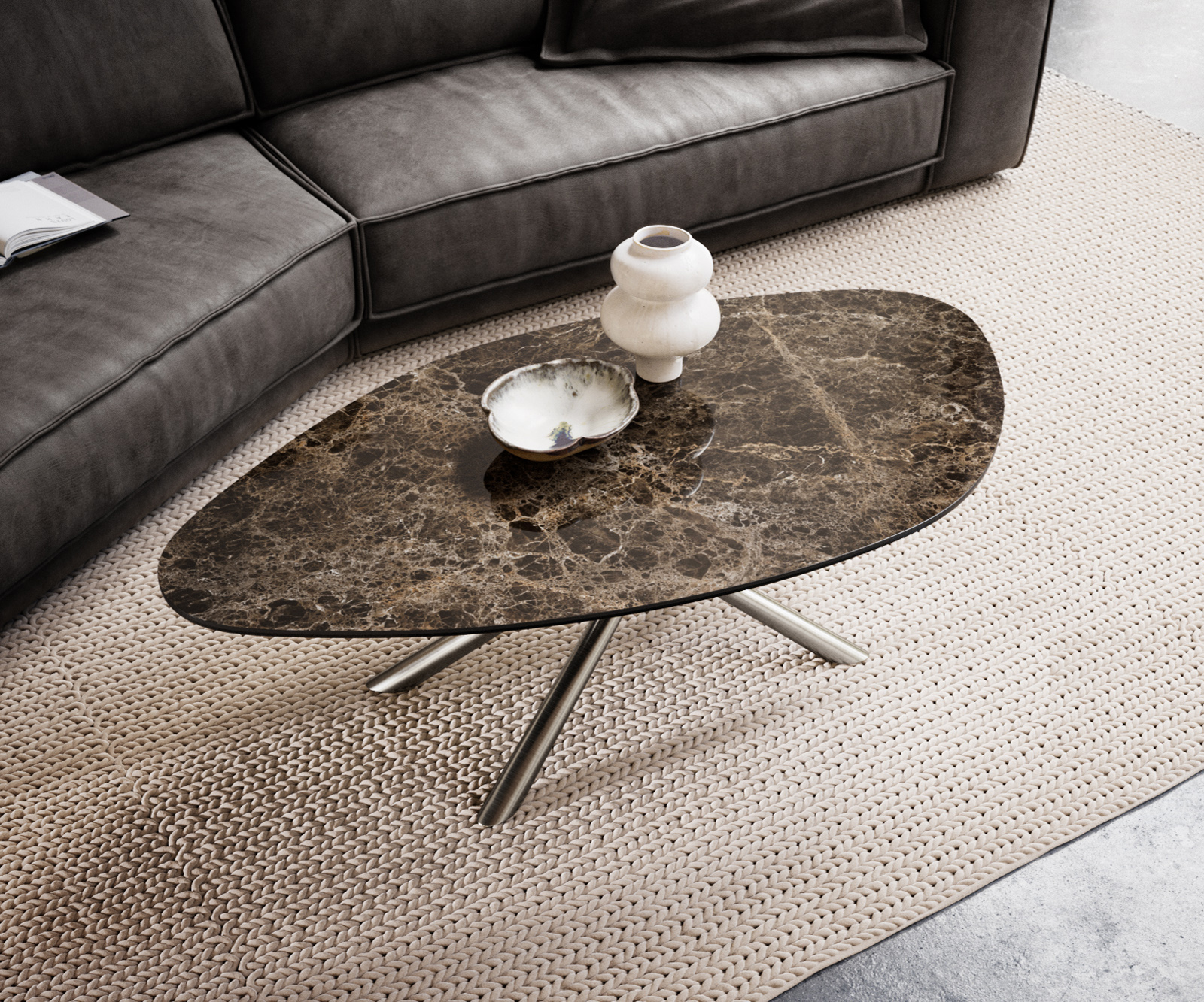 Dohányzóasztal Edge organikus 140x76 cm Laminam® Emperador kerámia extra polírozott sötétbarna Sarity rozsdamentes acél szálcsiszolt - Image 4
