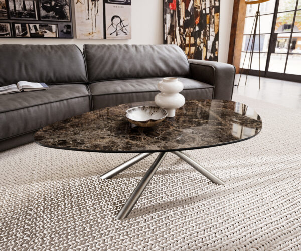 Dohányzóasztal Edge organikus 140x76 cm Laminam® Emperador kerámia extra polírozott sötétbarna Sarity rozsdamentes acél szálcsiszolt