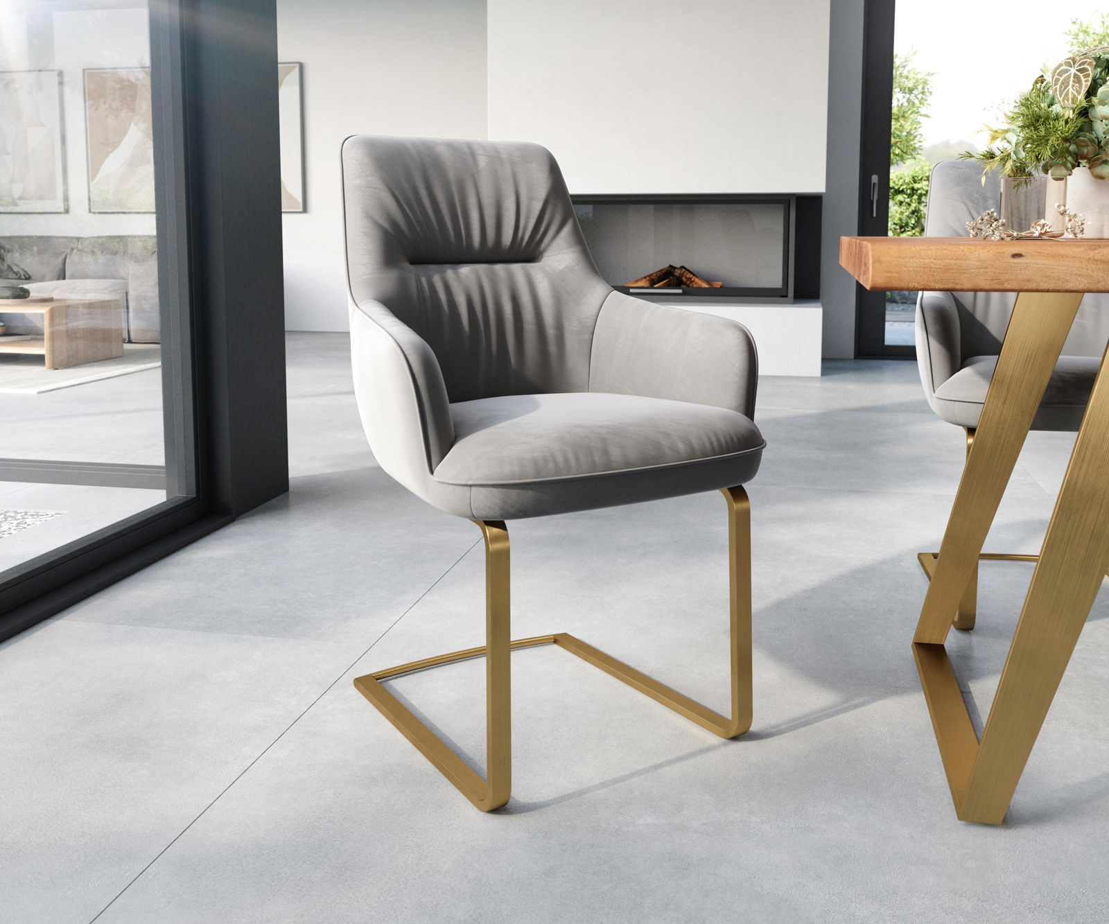 Étkezőszék Zelia-Flex karfás bársony szürke konzolos lapos arany zsákrugós