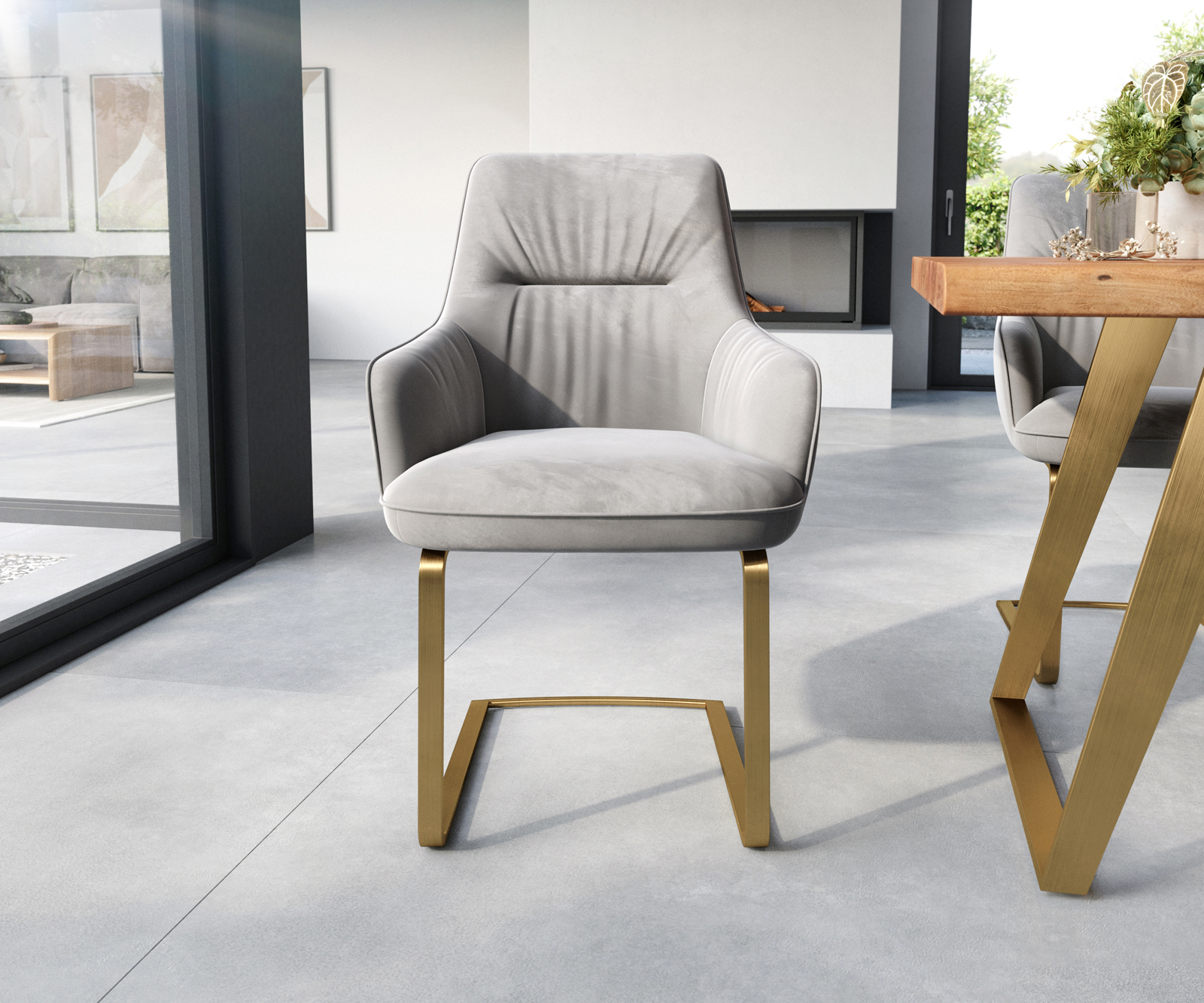 Étkezőszék Zelia-Flex karfás bársony szürke konzolos lapos arany zsákrugós - Image 2