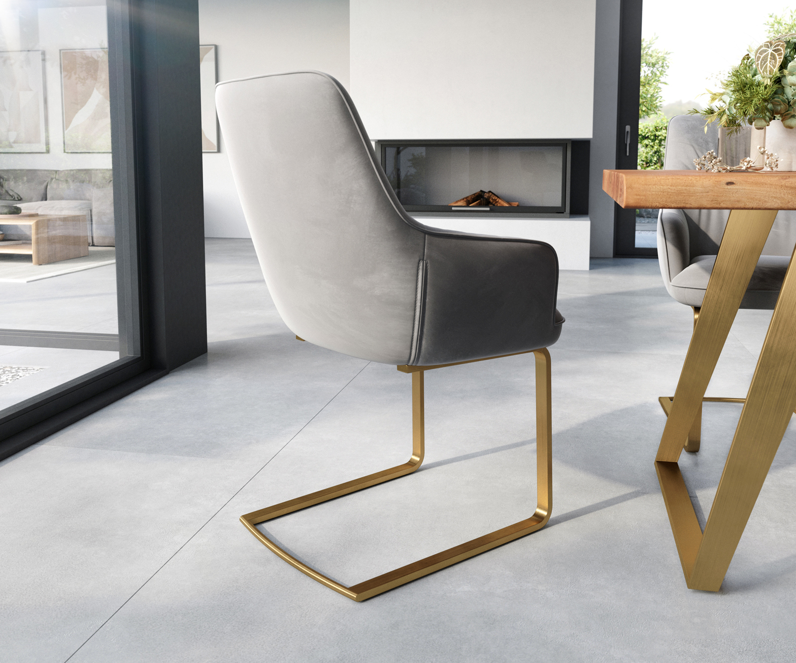 Étkezőszék Zelia-Flex karfás bársony szürke konzolos lapos arany zsákrugós - Image 5
