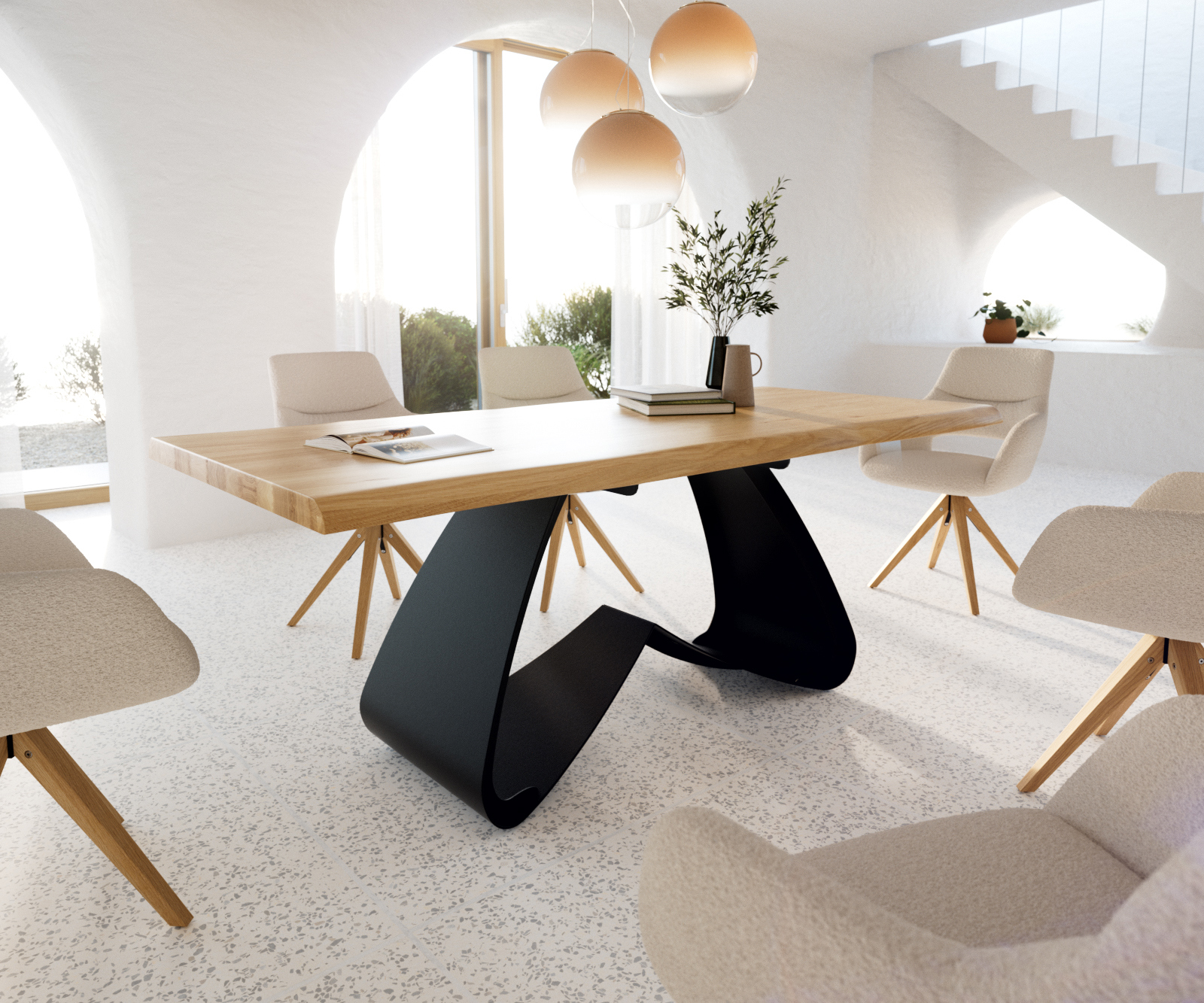 Étkezőasztal Edge 200x100 tölgy természetes W alakú fém láb fekete Live-Edge