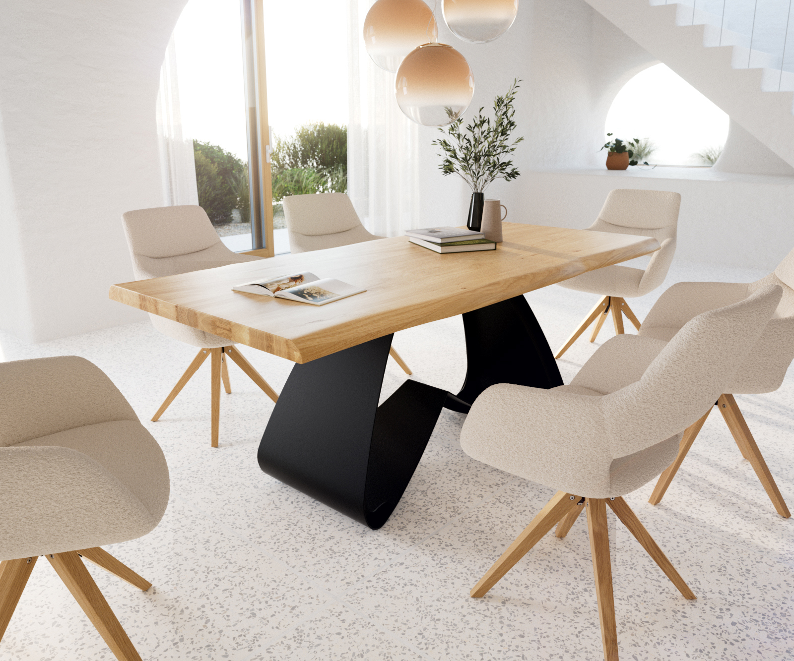 Étkezőasztal Edge 200x100 tölgy természetes W alakú fém láb fekete Live-Edge - Image 4