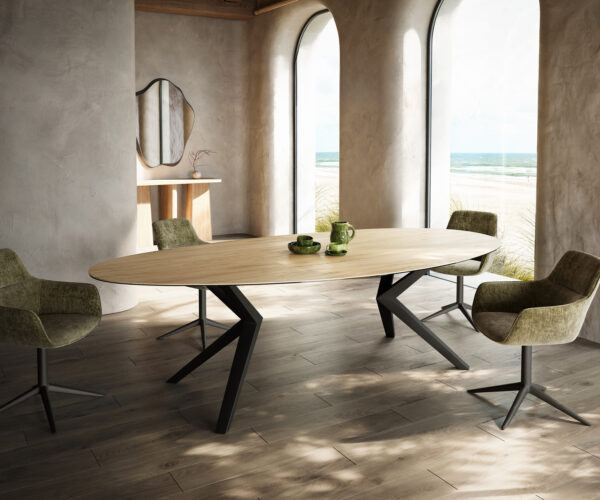 Étkezőasztal Edge ovális 280x130 kerámia Laminam® Sabbia tölgyszínű Zenthara szögletes fém fekete