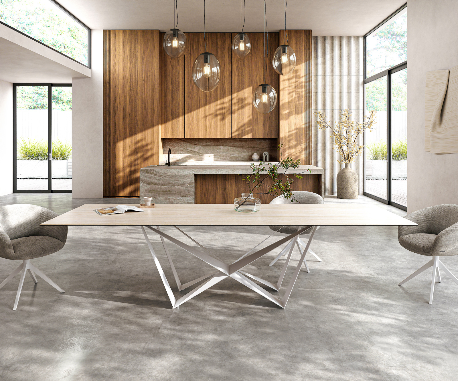 Étkezőasztal Edge 300x100 kerámia Laminam® Travertino Bianco krémfehér pókláb fém fehér - Image 2