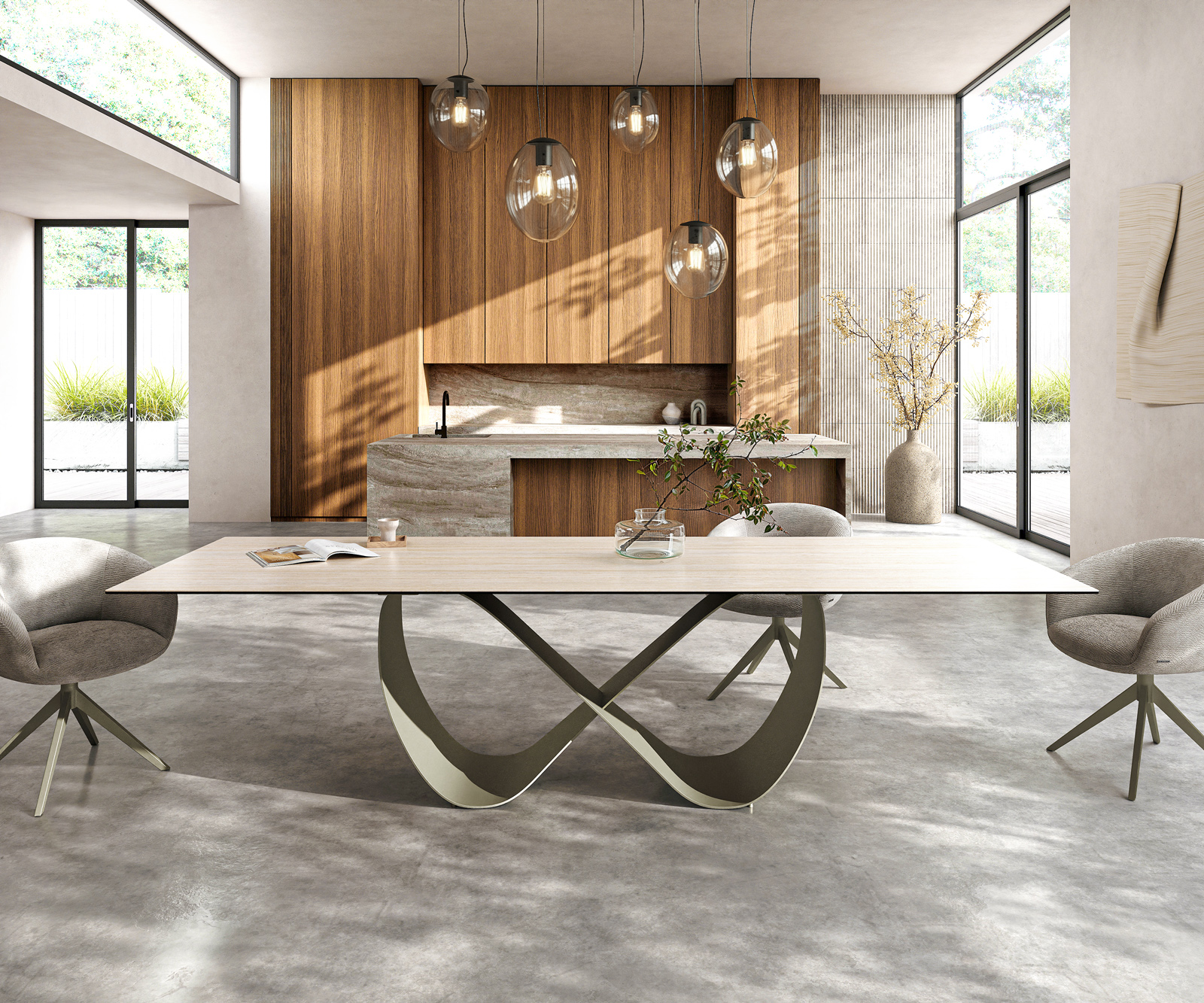 Étkezőasztal Edge 300x100 kerámia Laminam® Travertino Bianco krémfehér végtelen fém titán színű effekt finish - Image 2