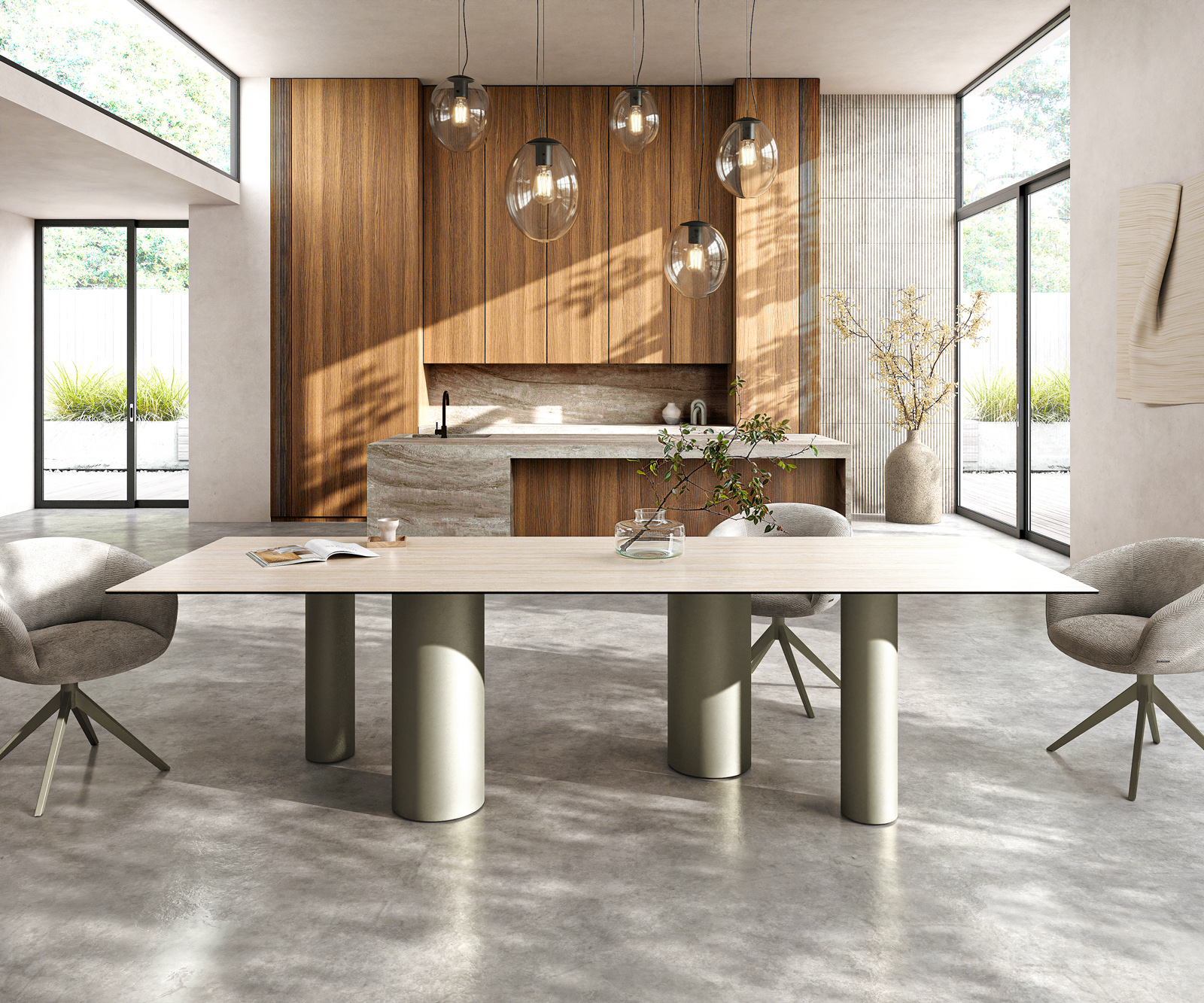 Étkezőasztal Edge 300x100 kerámia Laminam® Travertino Bianco krémfehér Pilier fém titán színű hatású - Image 2