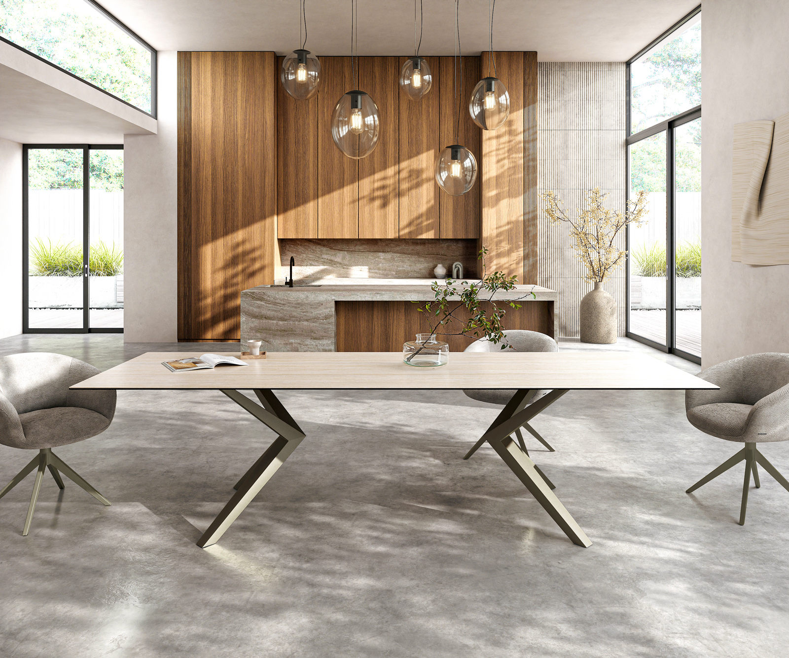 Étkezőasztal Edge 300x100 kerámia Laminam® Travertino Bianco krémfehér Zenthara szögletes fém titán színű effektfinish - Image 2