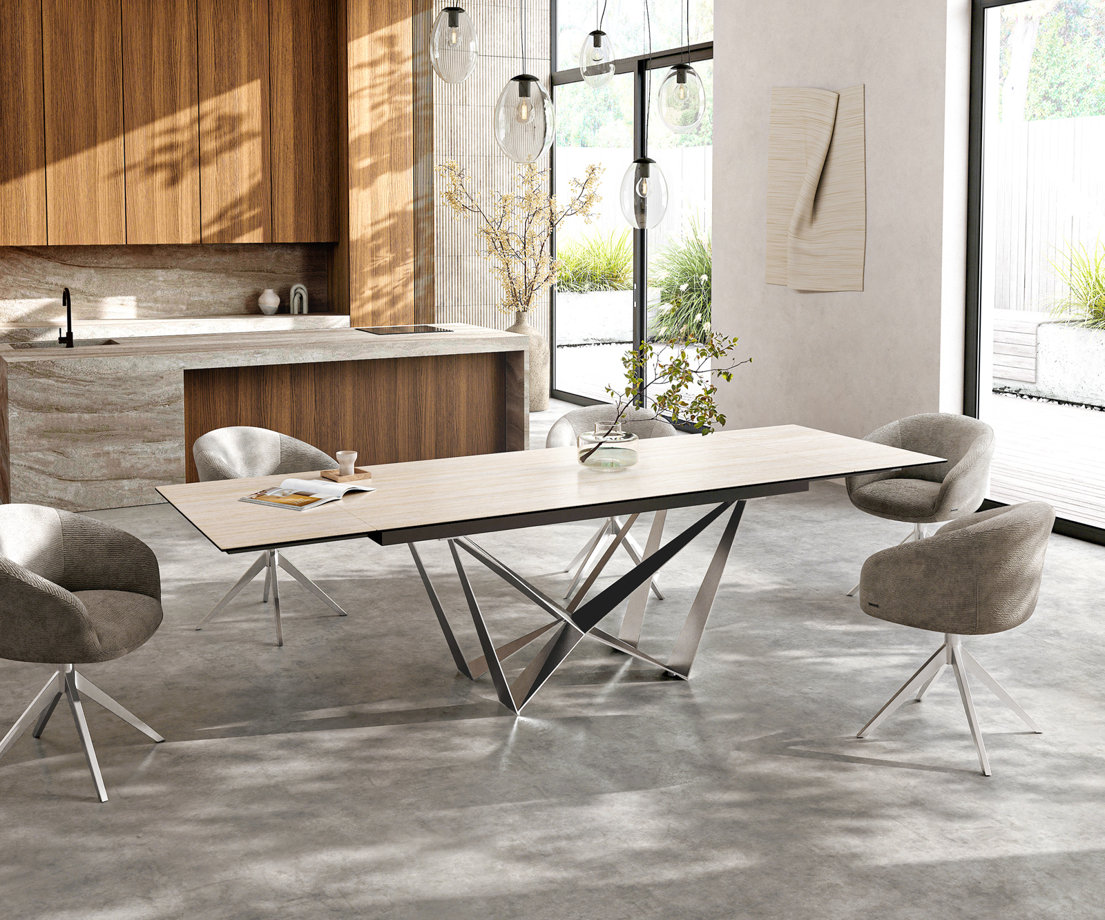 Étkezőasztal Edge 200-300x100 kerámia Laminam® Travertino Bianco krémfehér spider laposacél rozsdamentes acél kihúzható - Image 7