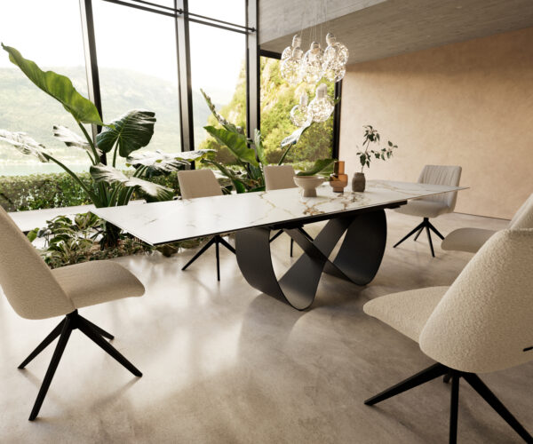 Étkezőasztal Edge 200-300x100 cm kerámia Calacatta Luxe fehér arany szürke Infinity fém fekete kihúzható