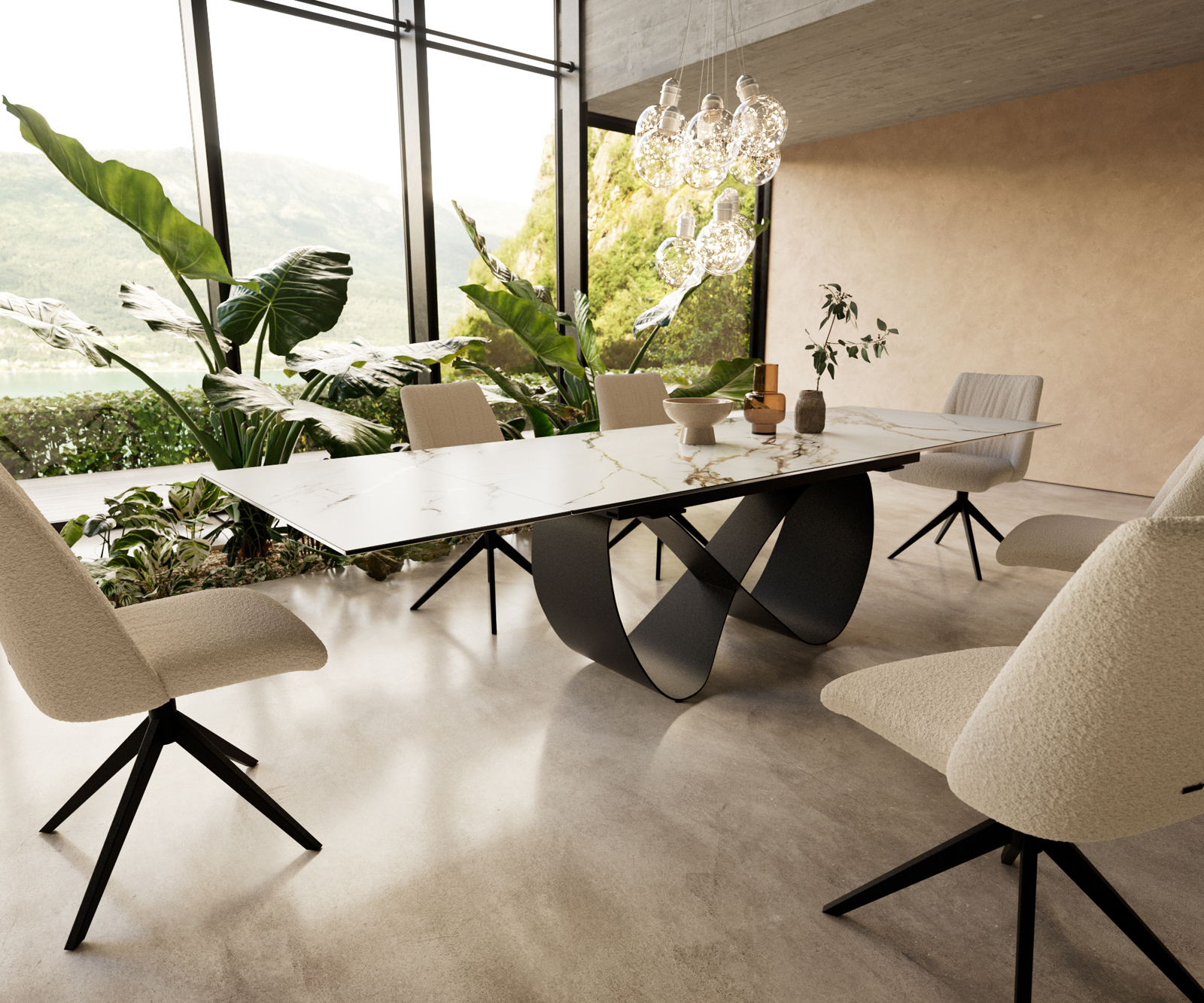 Étkezőasztal Edge 200-300x100 cm kerámia Calacatta Luxe fehér arany szürke Infinity fém fekete kihúzható