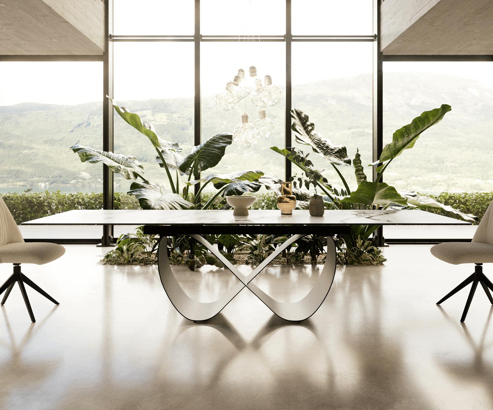 Étkezőasztal Edge 200-300x100 cm kerámia Calacatta Luxe fehér arany szürke Infinity fém fekete kihúzható - Image 2