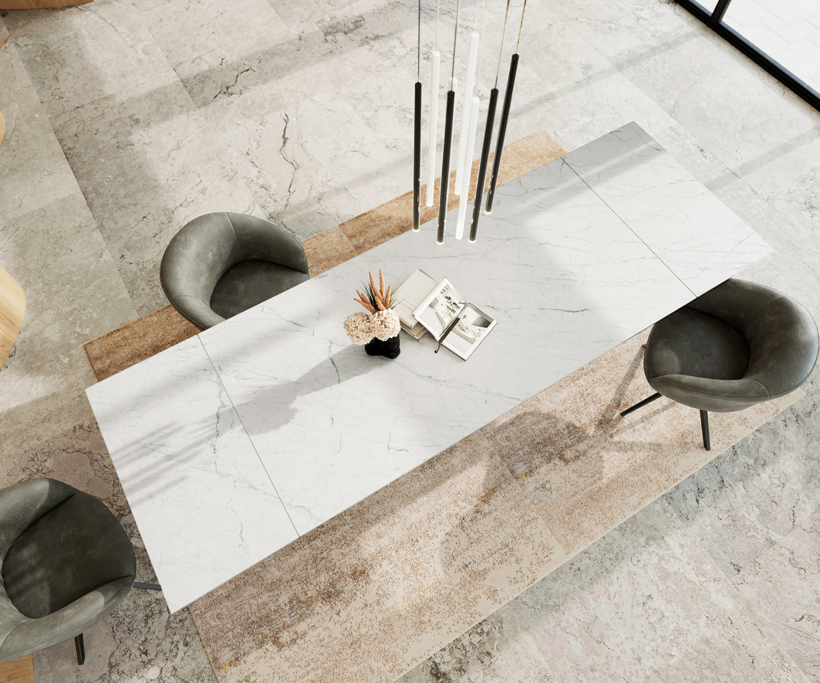 Étkezőasztal Edge 200-300x100 cm Laminam® Statuarietto fehér kerámia fekete fém kihúzható - Image 4