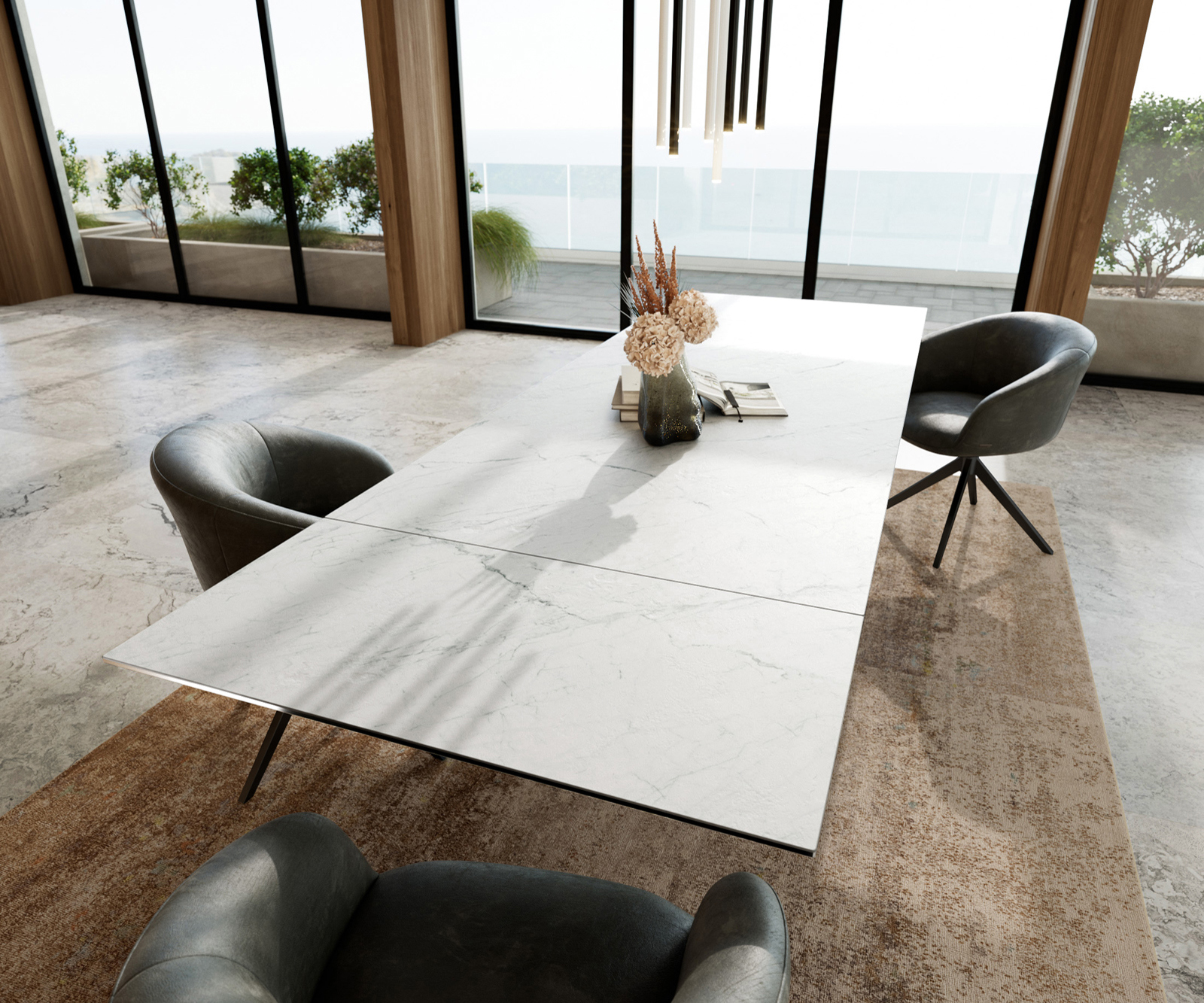 Étkezőasztal Edge 200-300x100 cm Laminam® Statuarietto fehér kerámia fekete fém kihúzható - Image 7