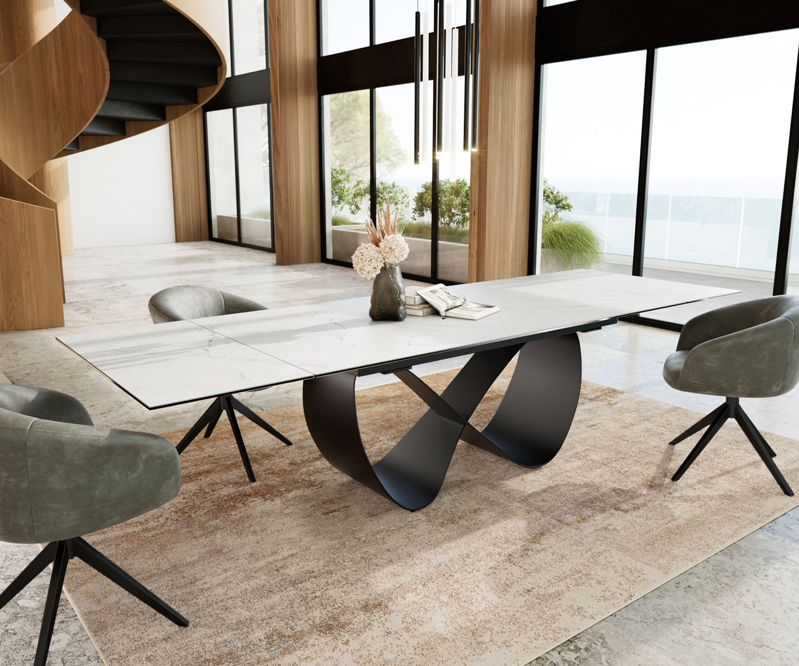 Étkezőasztal Edge 200-300x100 cm Laminam® Statuarietto fehér kerámia fekete fém kihúzható - Image 8