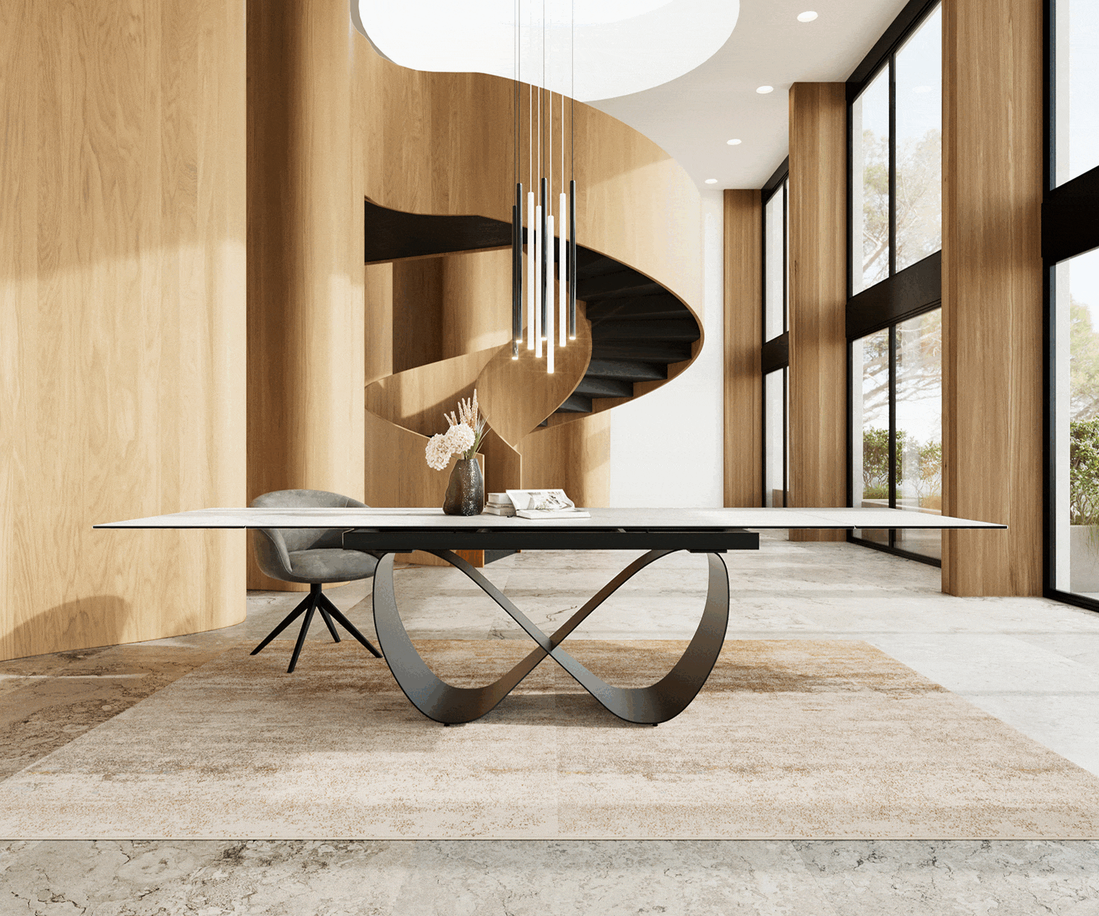 Étkezőasztal Edge 200-300x100 cm Laminam® Statuarietto fehér kerámia fekete fém kihúzható - Image 2