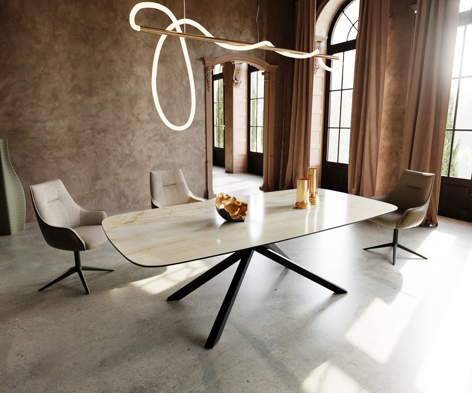 Étkezőasztal Edge hajóformájú 240x120 cm kerámia iris FMG onice oro kereszt láb téglalap fekete