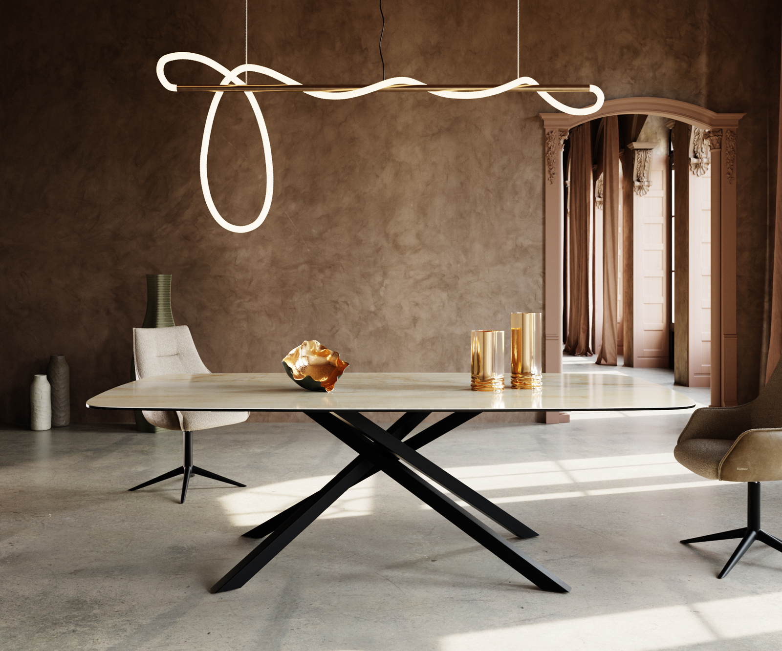 Étkezőasztal Edge hajóformájú 240x120 cm kerámia iris FMG onice oro kereszt láb téglalap fekete - Image 2