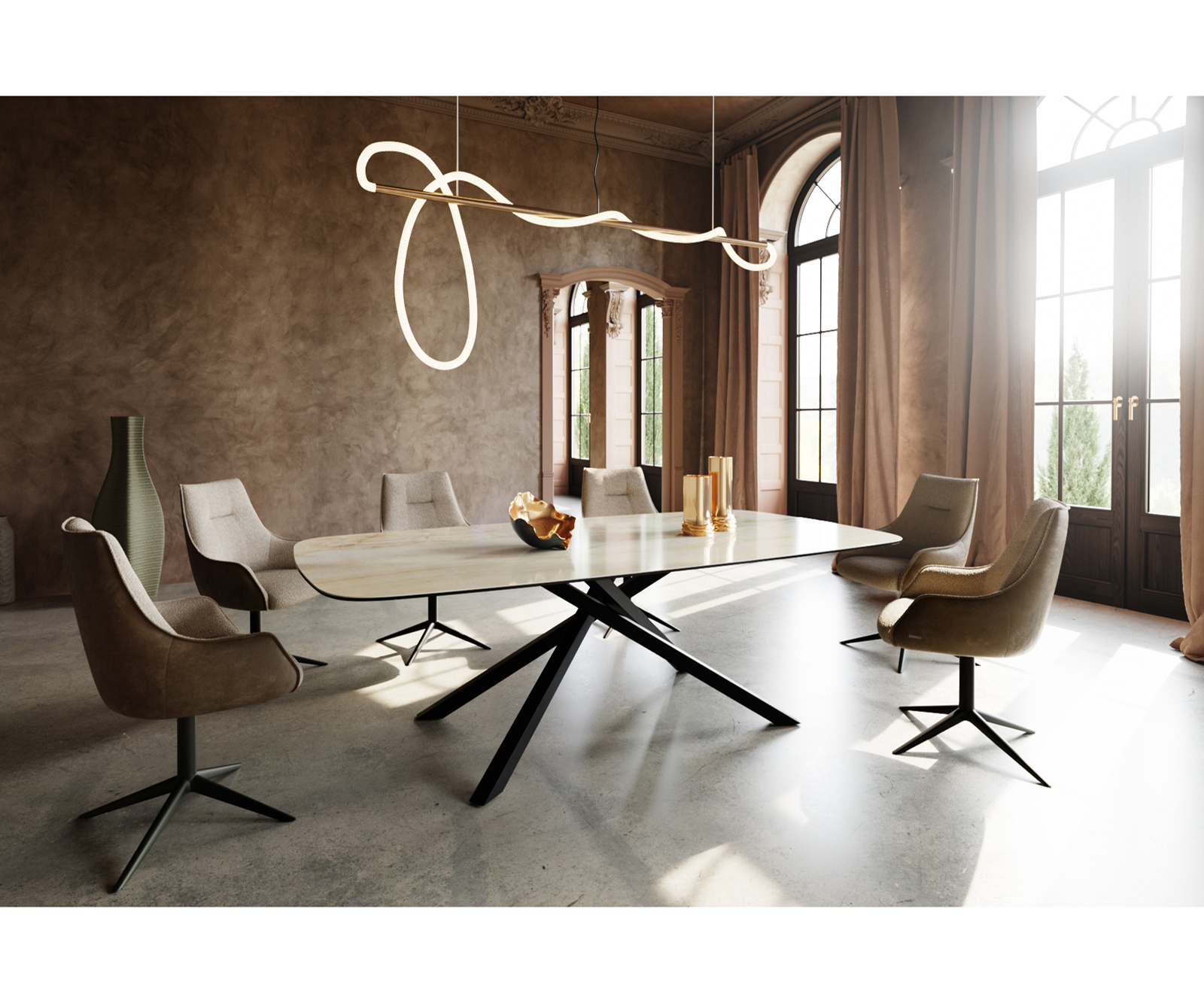 Étkezőasztal Edge hajóformájú 240x120 cm kerámia iris FMG onice oro kereszt láb téglalap fekete - Image 6