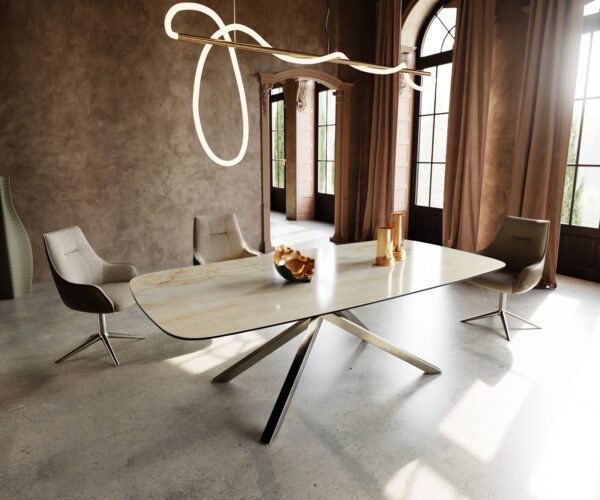 Étkezőasztal Edge hajóformájú 240x120 cm kerámia iris FMG Onice Oro kereszt láb téglalap rozsdamentes acél