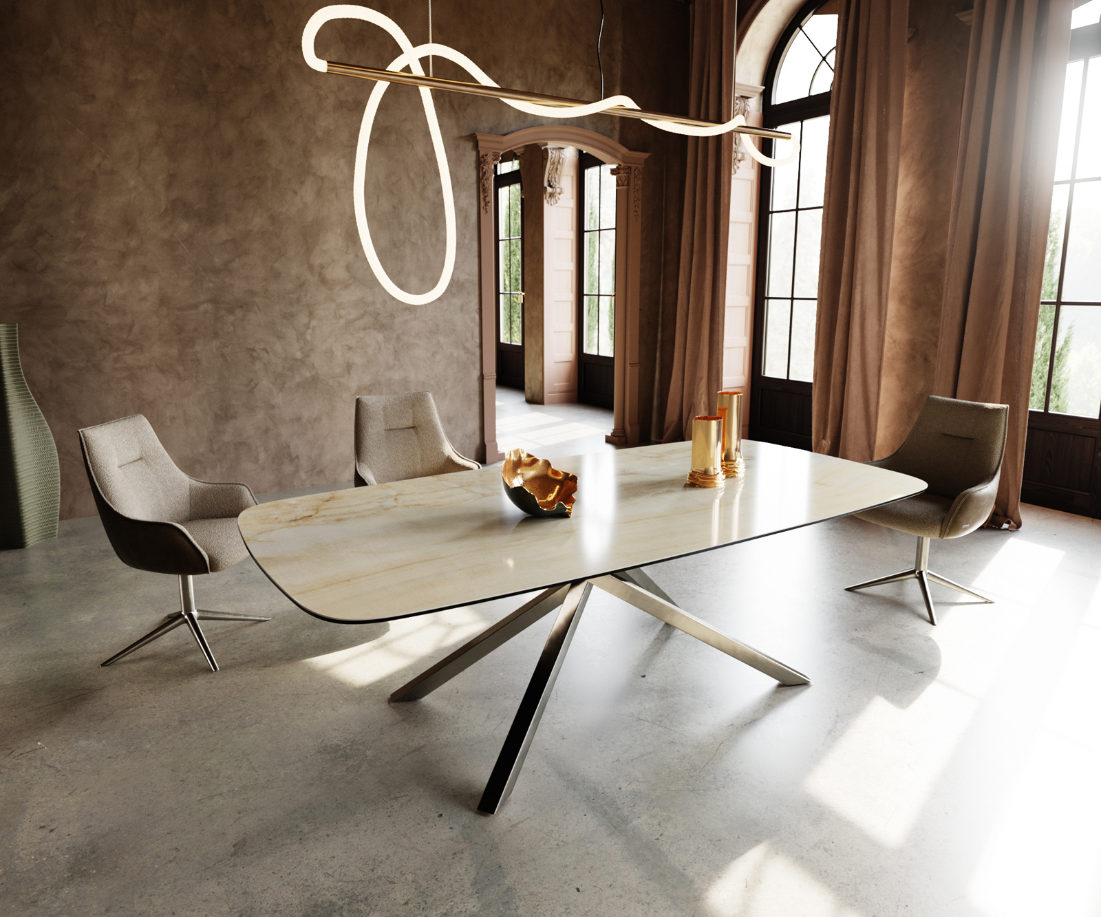 Étkezőasztal Edge hajóformájú 240x120 cm kerámia iris FMG Onice Oro kereszt láb téglalap rozsdamentes acél