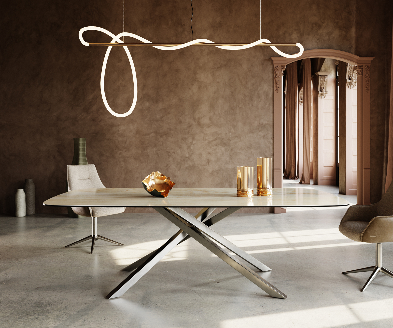 Étkezőasztal Edge hajóformájú 240x120 cm kerámia iris FMG Onice Oro kereszt láb téglalap rozsdamentes acél - Image 2