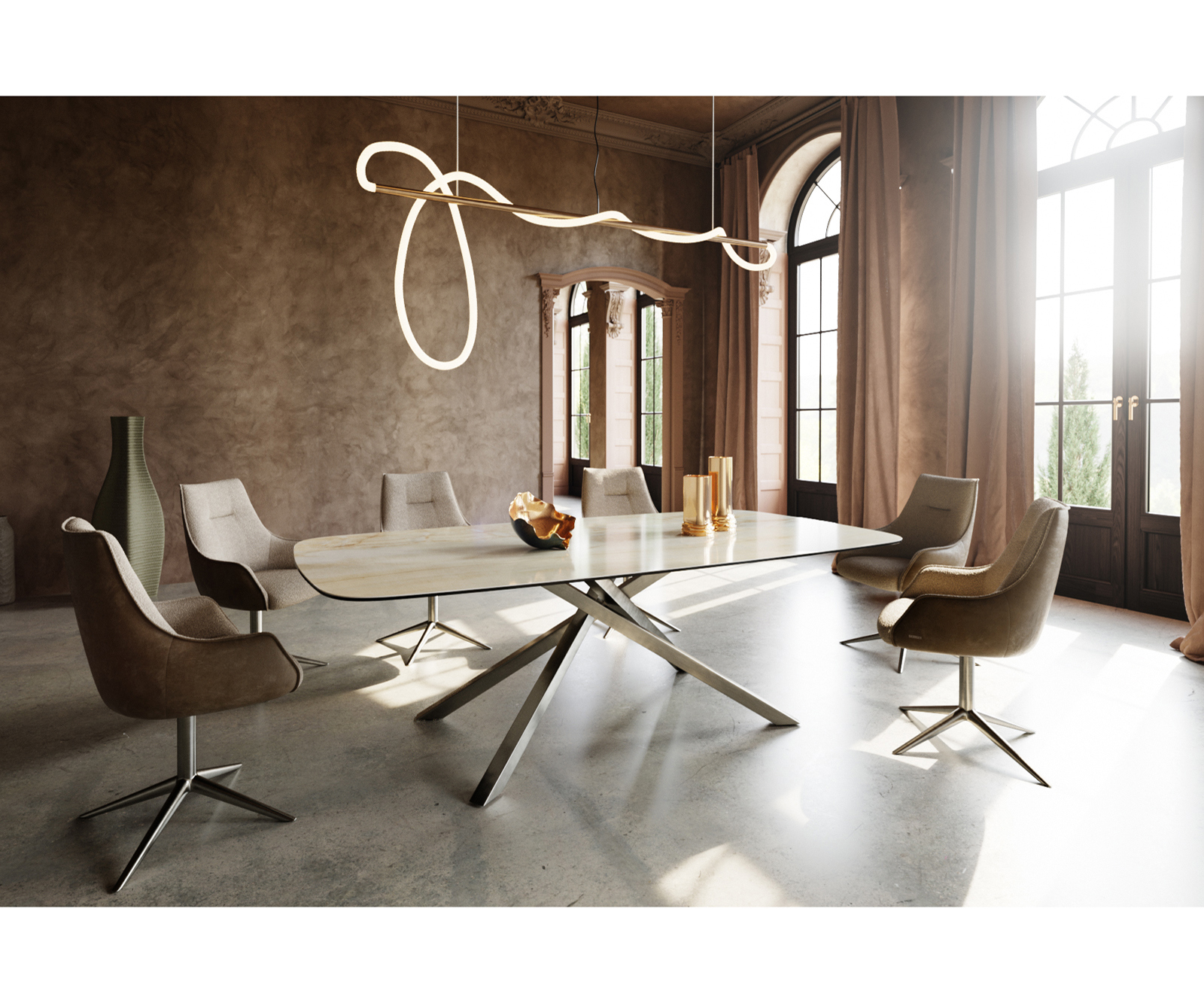 Étkezőasztal Edge hajóformájú 240x120 cm kerámia iris FMG Onice Oro kereszt láb téglalap rozsdamentes acél - Image 6