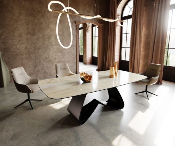 Étkezőasztal Edge hajóformájú 240x120 cm kerámia iris FMG onice oro W alakú fém láb fekete