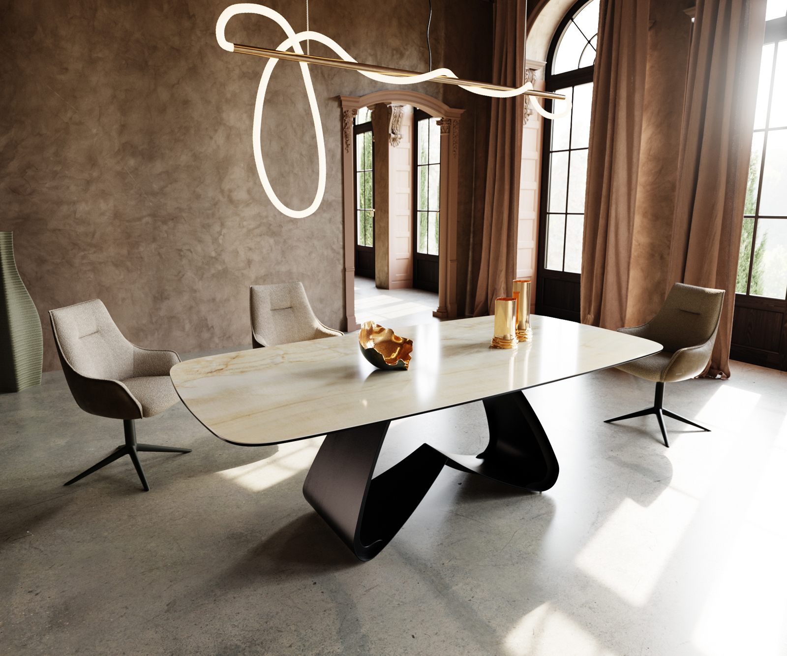 Étkezőasztal Edge hajóformájú 240x120 cm kerámia iris FMG onice oro W alakú fém láb fekete