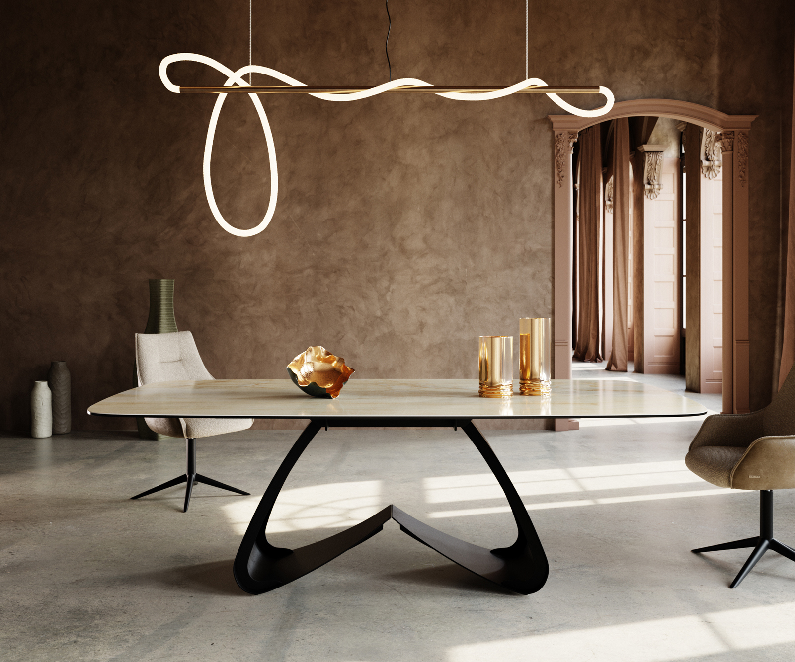 Étkezőasztal Edge hajóformájú 240x120 cm kerámia iris FMG onice oro W alakú fém láb fekete - Image 2