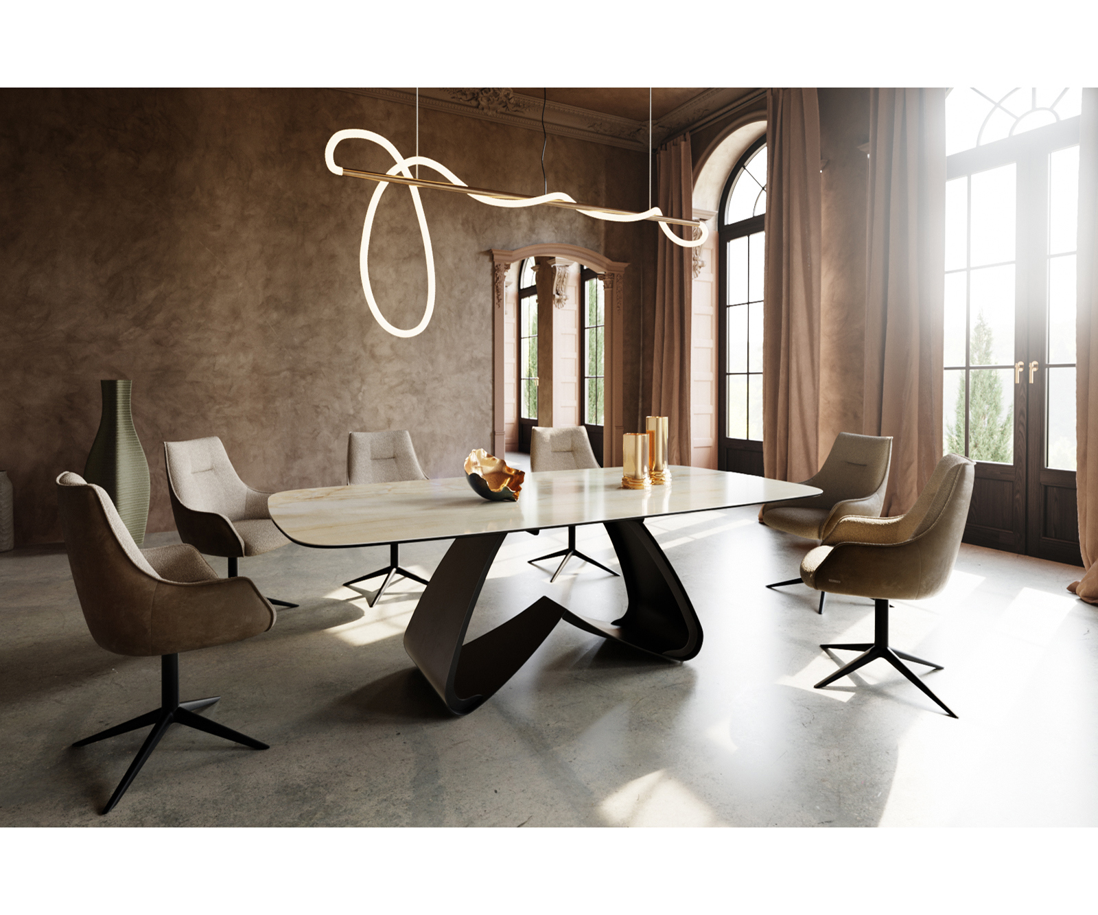 Étkezőasztal Edge hajóformájú 240x120 cm kerámia iris FMG onice oro W alakú fém láb fekete - Image 6