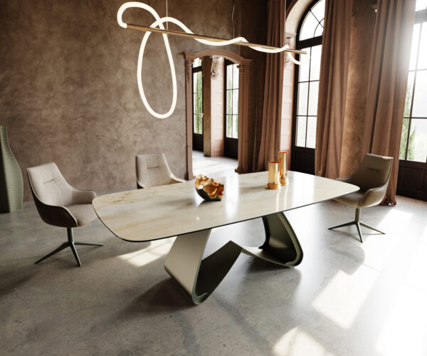 Étkezőasztal Edge hajóformájú 240x120 cm kerámia iris FMG onice oro W alakú fém láb titán színű effektfinish