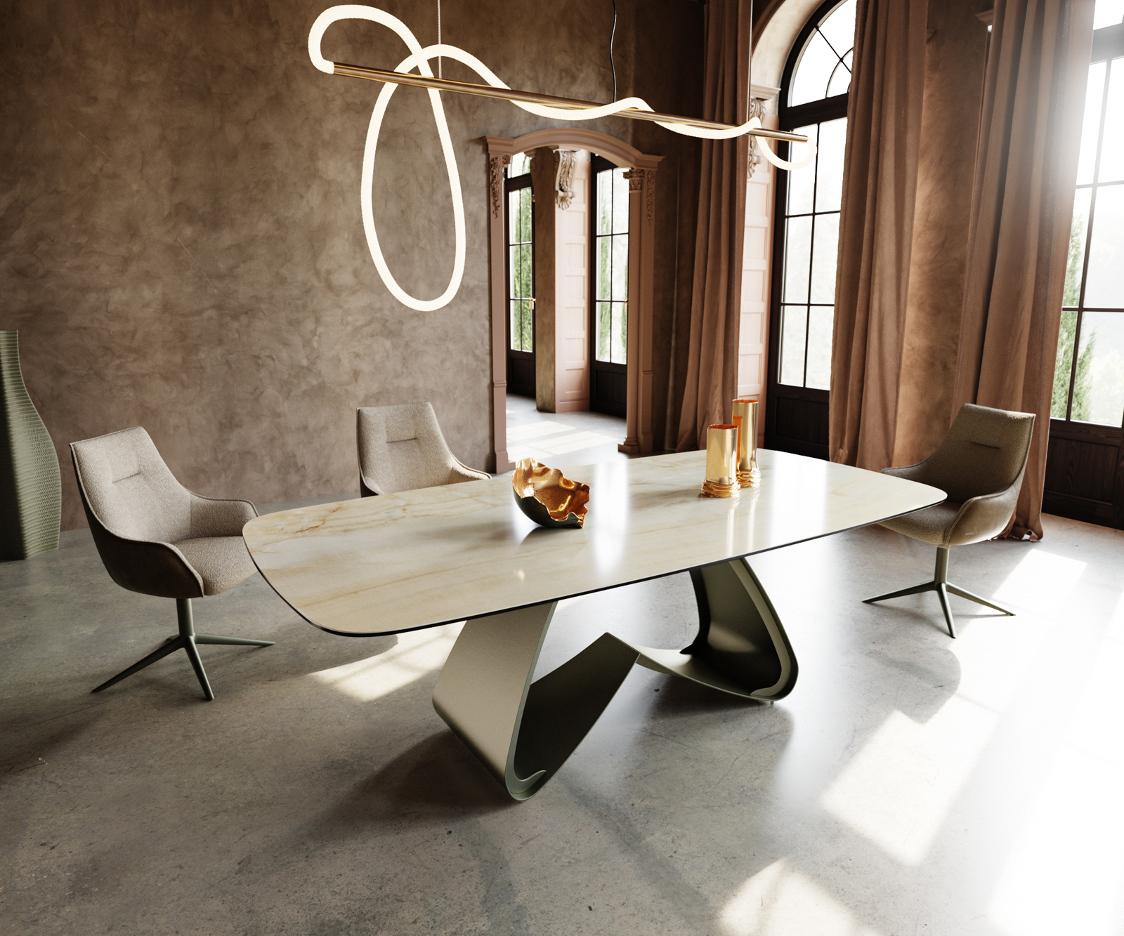 Étkezőasztal Edge hajóformájú 240x120 cm kerámia iris FMG onice oro W alakú fém láb titán színű effektfinish