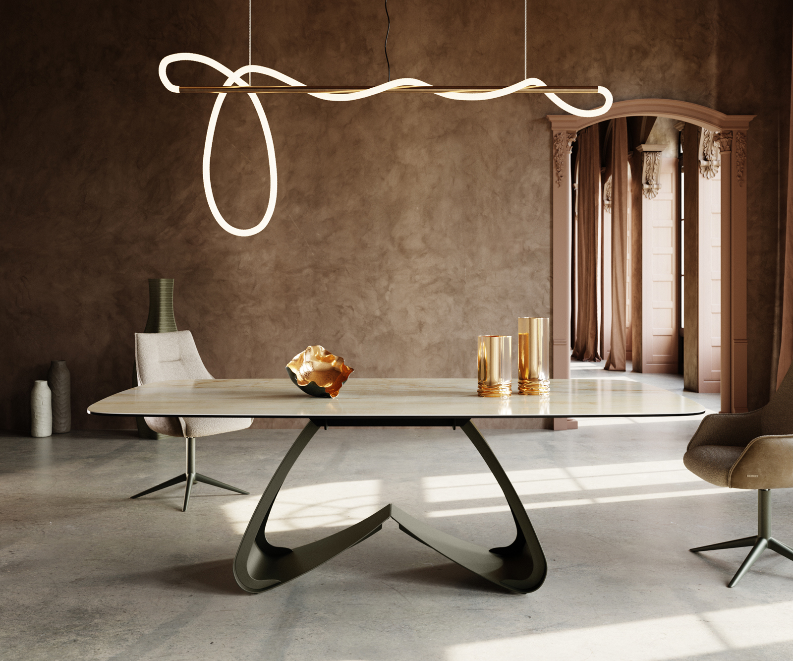 Étkezőasztal Edge hajóformájú 240x120 cm kerámia iris FMG onice oro W alakú fém láb titán színű effektfinish - Image 2