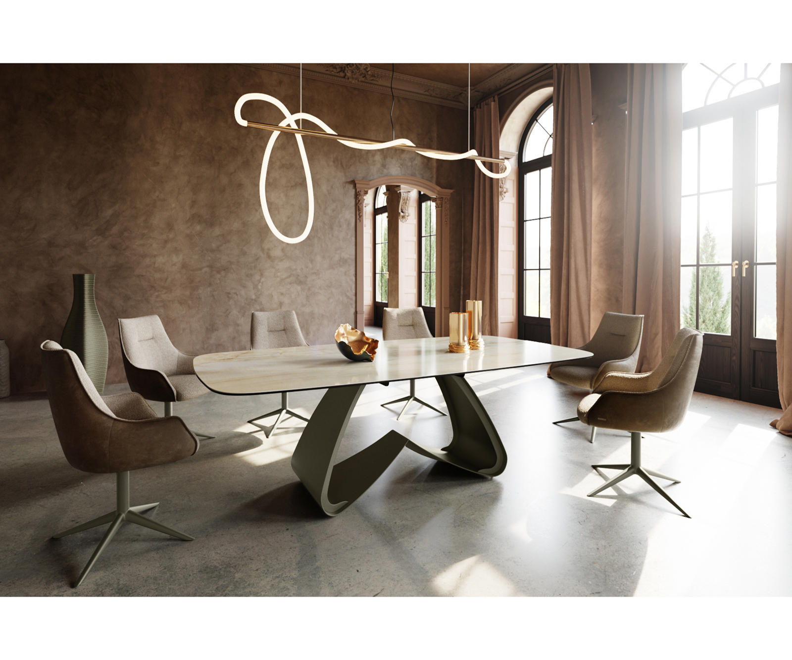 Étkezőasztal Edge hajóformájú 240x120 cm kerámia iris FMG onice oro W alakú fém láb titán színű effektfinish - Image 6