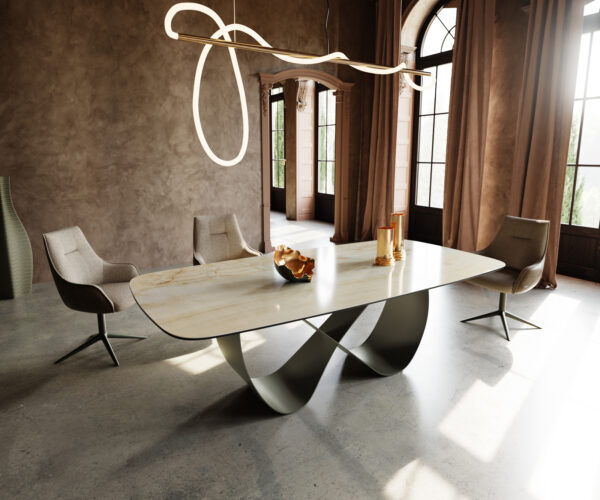 Étkezőasztal Edge hajóformájú 240x120 cm kerámia Iris FMG Onice Oro Infinity fém titán színű effekt finish