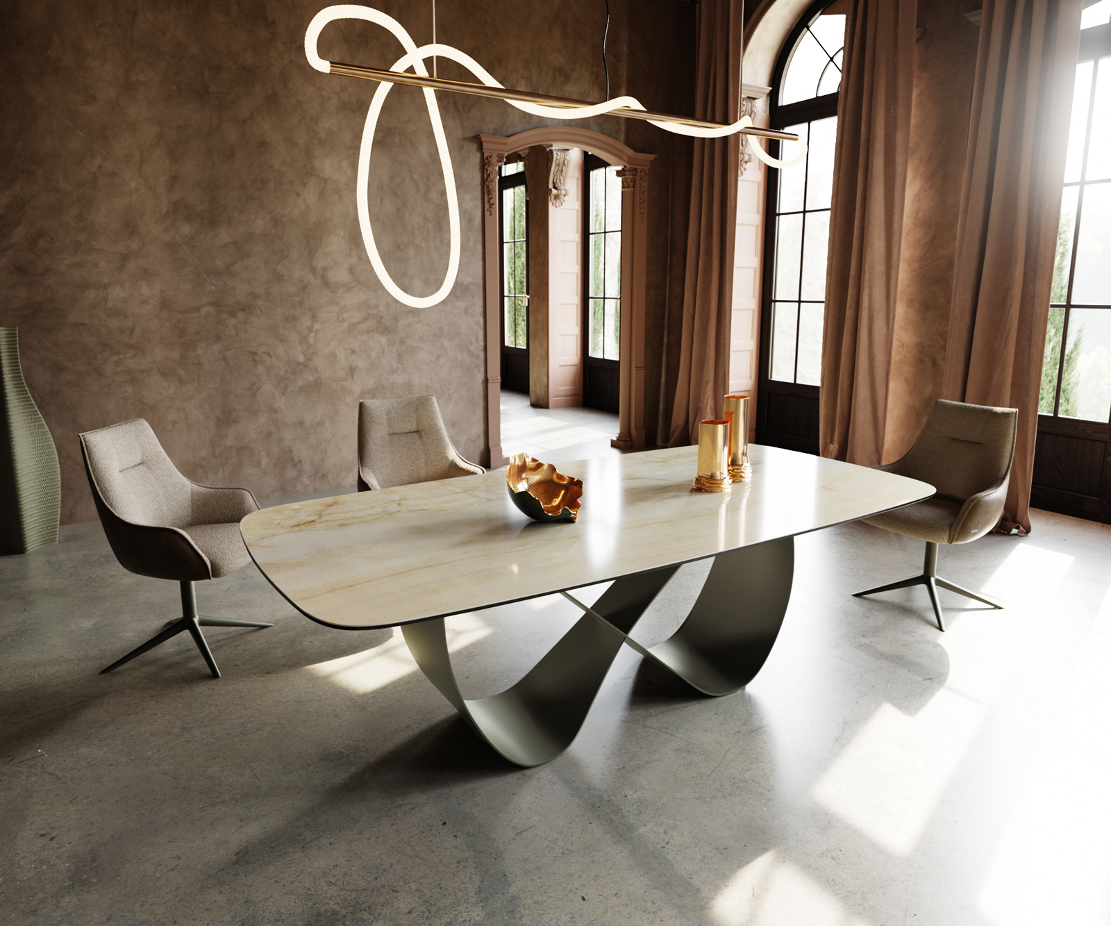 Étkezőasztal Edge hajóformájú 240x120 cm kerámia Iris FMG Onice Oro Infinity fém titán színű effekt finish